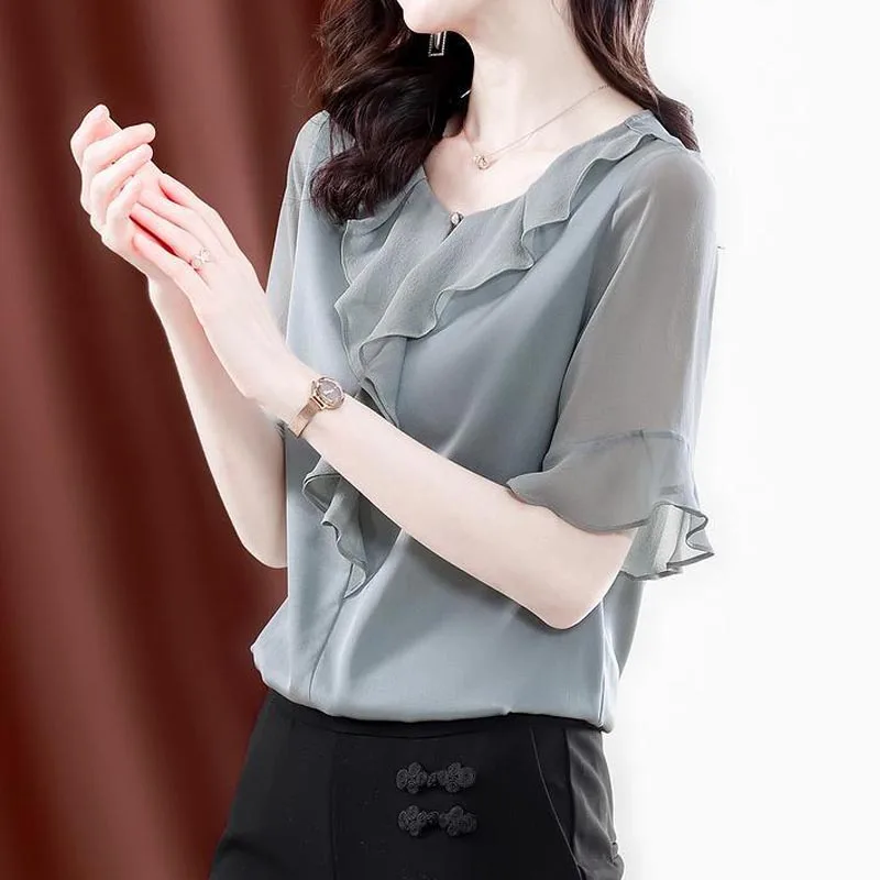 Ruffles Chiffon Shirts Summer Women New Fashion Solid All-match Oversized 4XL Casual Loose Blouse Office Lady Elegant Tops 2022