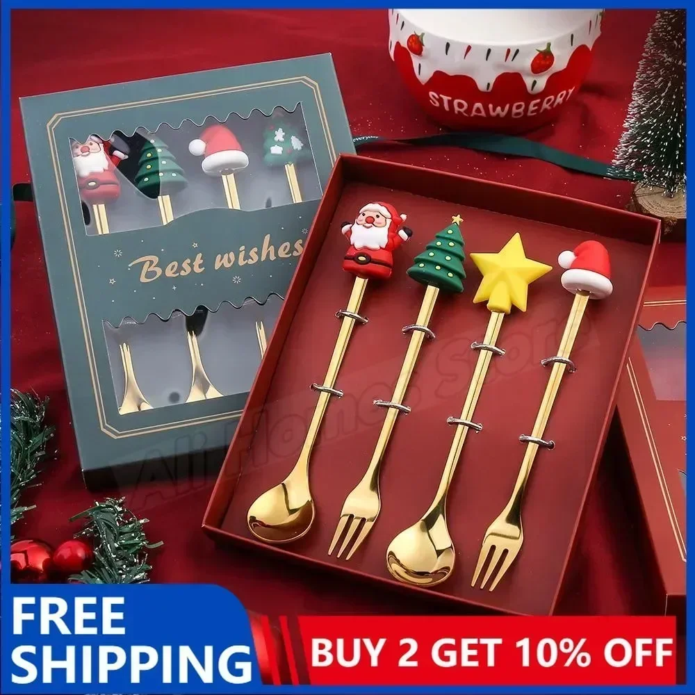 4PCS Christmas Spoons Coffee Cutlery Set Stainless Steel Cutlery Set Dessert Spoon Forks Christmas Gifts Elk Christmas Decoratio