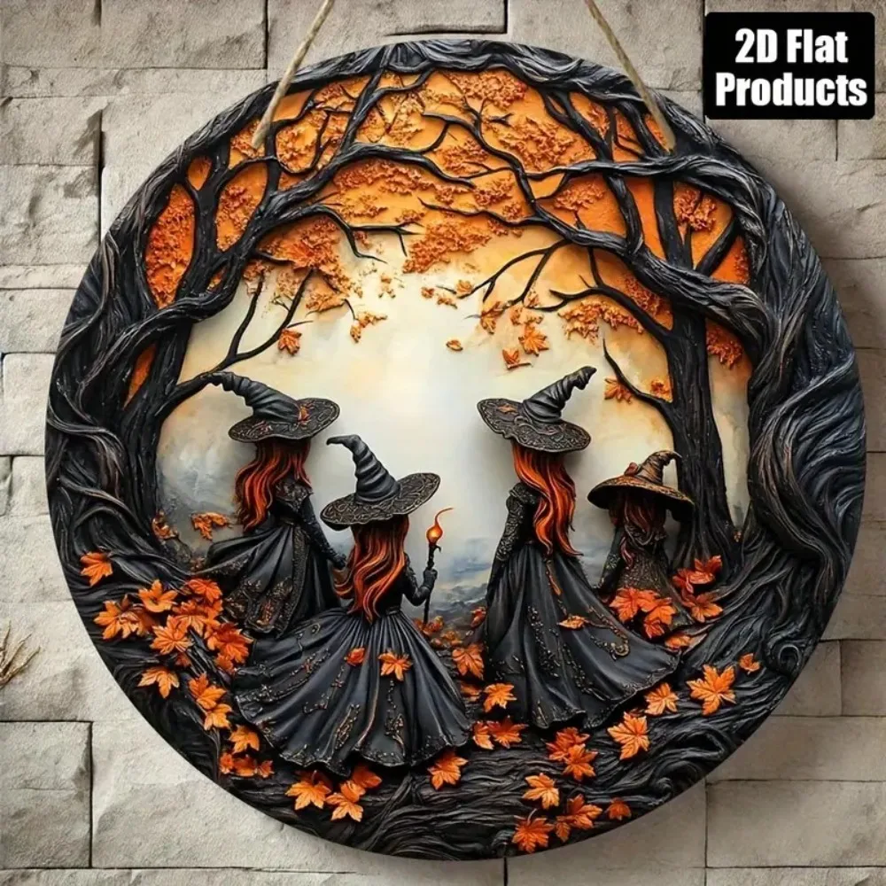 2D Retro Halloween Witch Circular Wooden Sign, Suitable for Home, Restaurant, Office, Coffee Shop, Bar, Holiday Decoration Gifts