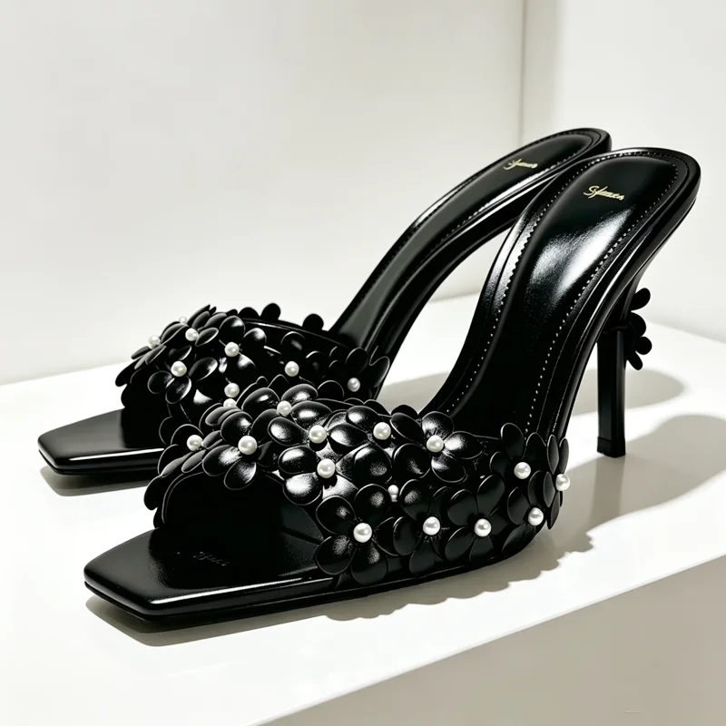 Elegant Flower Pearl Detail Heeled Mule Sandals Women Fashion Square-Toe Open-Toe Slide Sandals Wedding Brides Designer Shoes