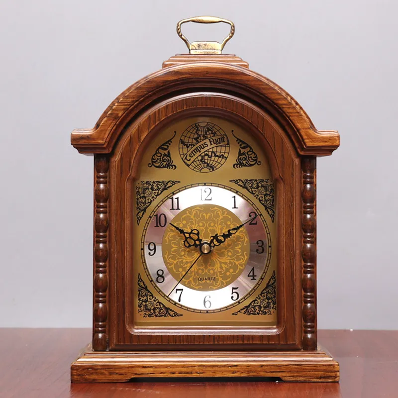 Solid Wood Silent Table Clocks European Vintage Wall Clock Metal Handle Portable Number Decorative Clocks Desktop Decoration
