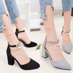 Concise Eleganti A Punta Degli Alti Talloni di Comfort di Moda di Spessore con Scarpe Da Donna Nero Pelle Scamosciata Singoli Pattini Scarpe Da Lavoro Professionali