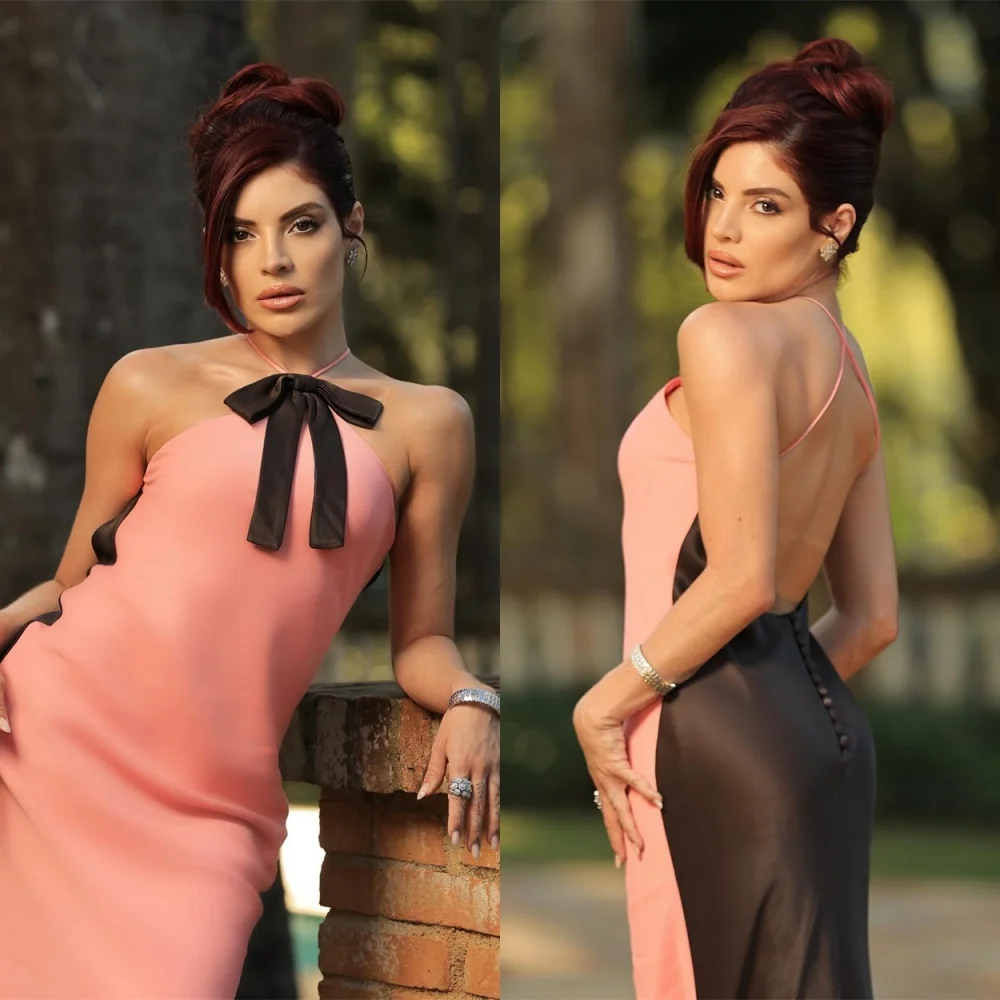 Robe De Noche sirène personnalisée en Jersey rose, élégante, col licou, sans manches, robes De soirée, occasions spéciales