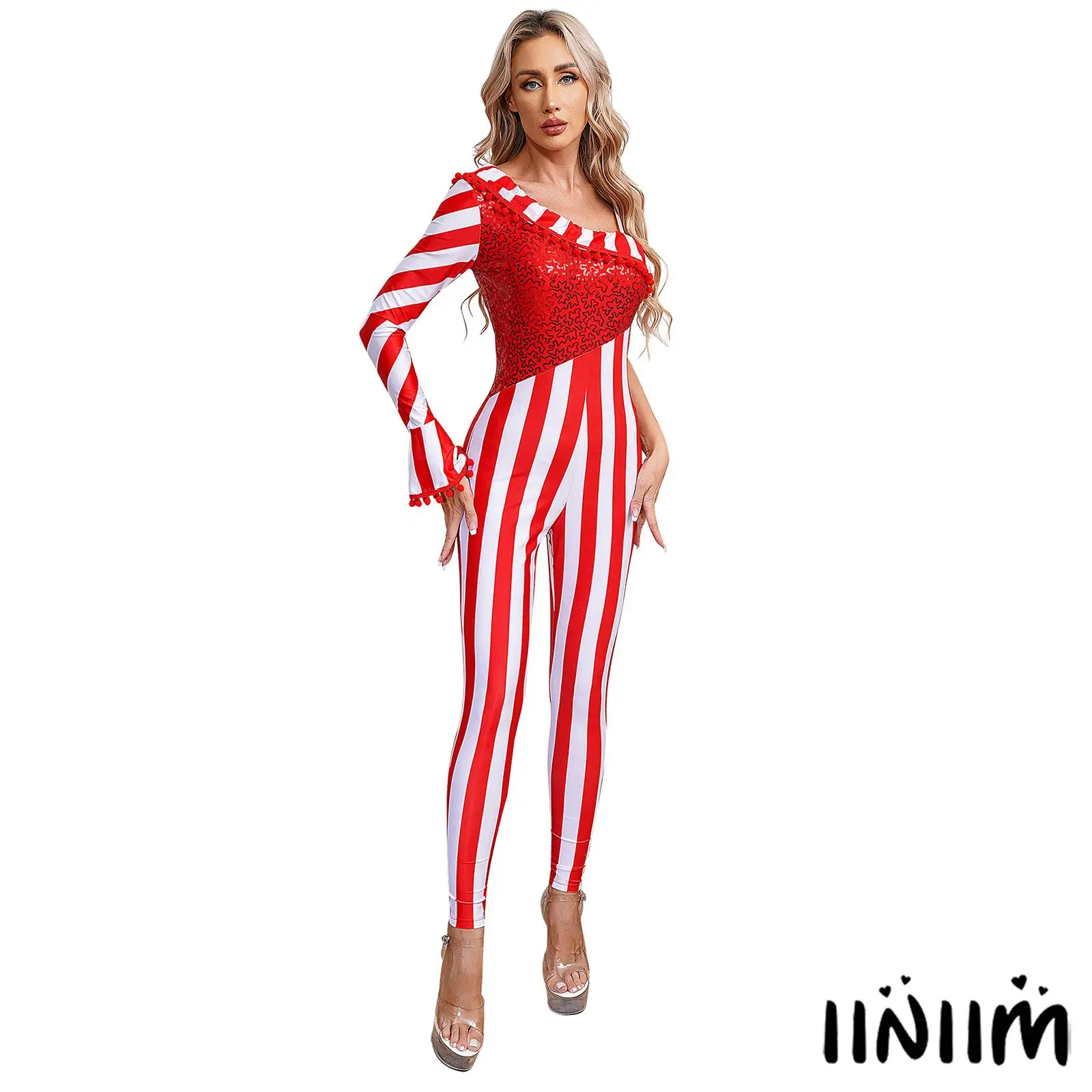 

Women Latin Dancewear One Shouler Jumpsuit Unitard Christmas Candy Cane Costume Shiny Sequin Decor Bodysuit for Xmas Carnival