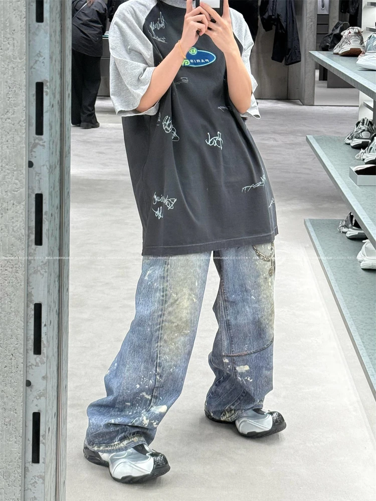 

Футболка с ручной росписью fiti VANA ILUSION Capsule, с вышивкой, цветными вставками на плечах и рукавах, модная, в стиле киуал...