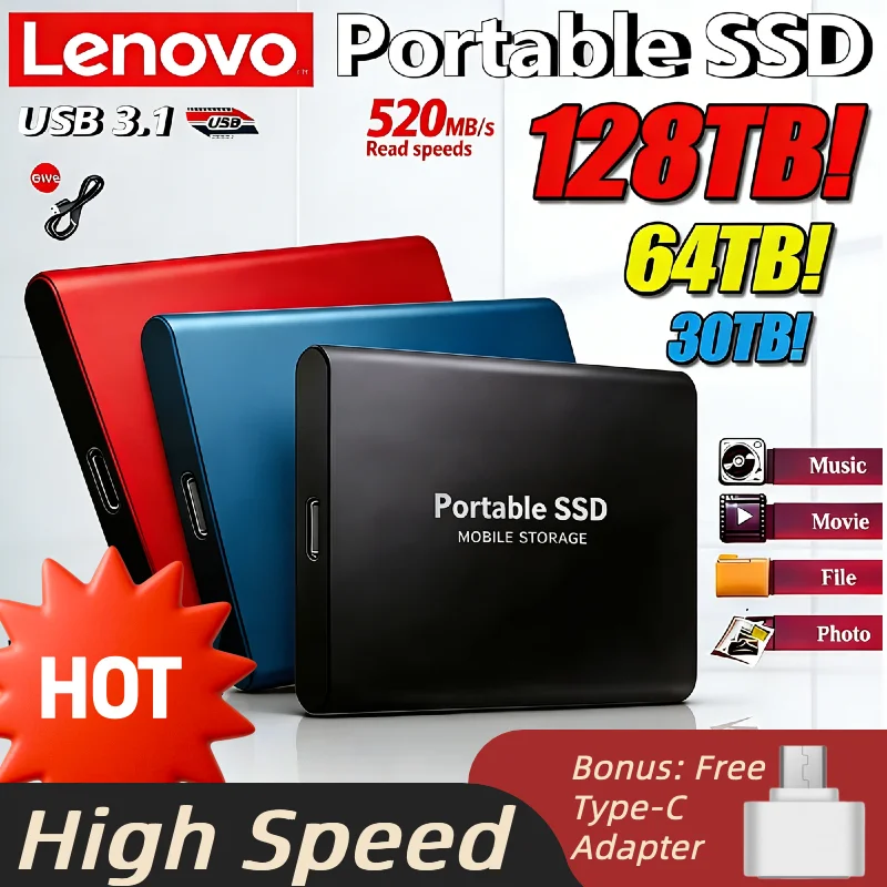 

Оригинальный портативный внешний SSD-накопитель Lenovo T5 2 ТБ 4 ТБ USB 3.1, высокоскоростной миниатюрный твердотельный накопитель большой емкости, флеш-диск
