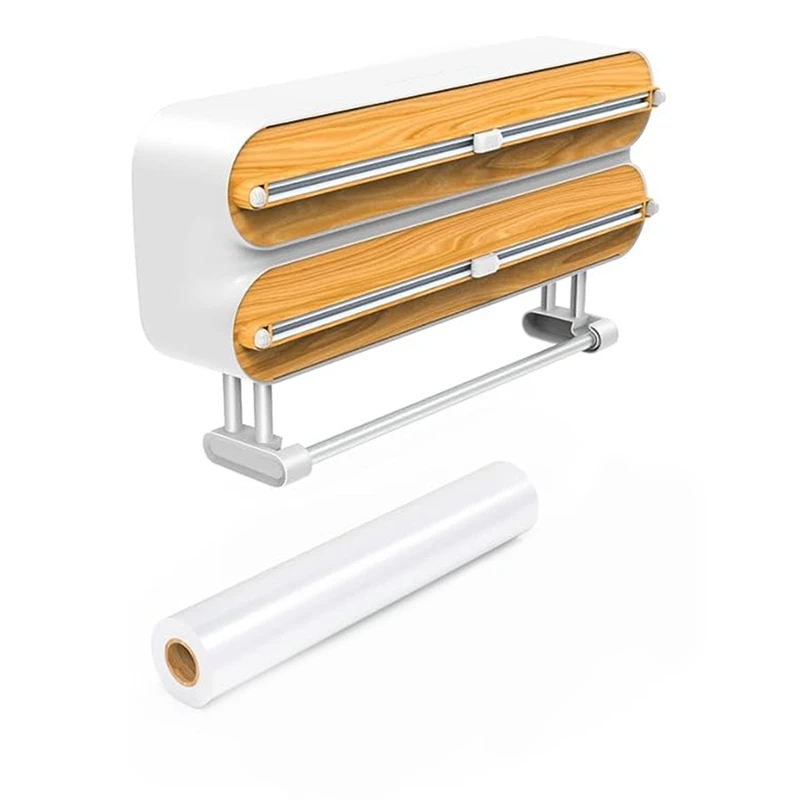 

1 Roll Cling Film Cutter Magnetic Plastic Film Dispenser Wall Roll Holder Foil Cutter Send Cling Film White&Wood Color