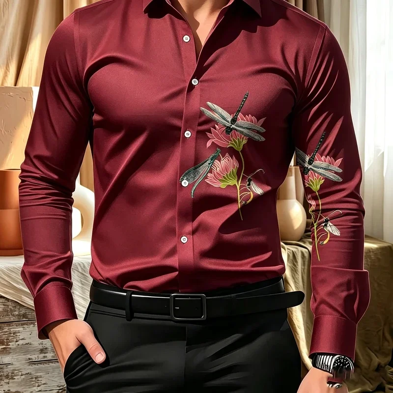 Men's long-sleeved collared shirt with dragonfly and lotus print, flowing drape, luxurious casual cardigan for banquets.