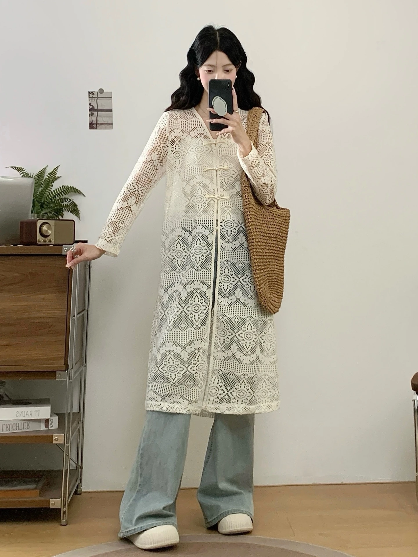 

New Chinese Style Knitted Long Open Cardigan Women's Outerwear Large Size Lace Hollow out Top V-Neck Button Detail