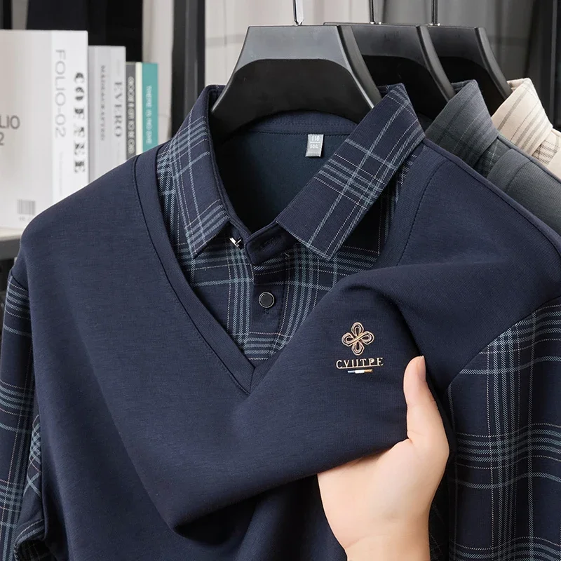 TFETTERS Long Sleeve Polo Shirt Men 2026  Autumn New Business Slim Fake Two Shirt Man Casual Loose Plaid Graphic Shirt for Men