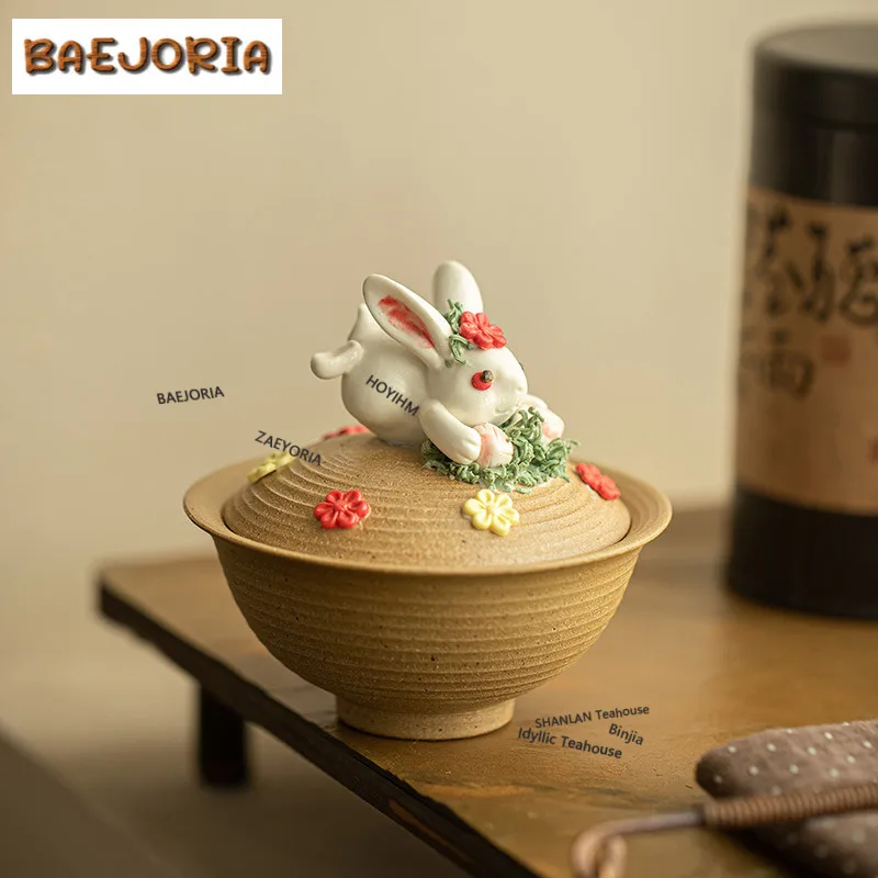 120ml Hand-kneaded Flower Rabbit Gaiwan Traditional Tea Tureen Tea Bowl With Lid Kit Tea Making Cover Bowl Kung Fu Tea Set Gift