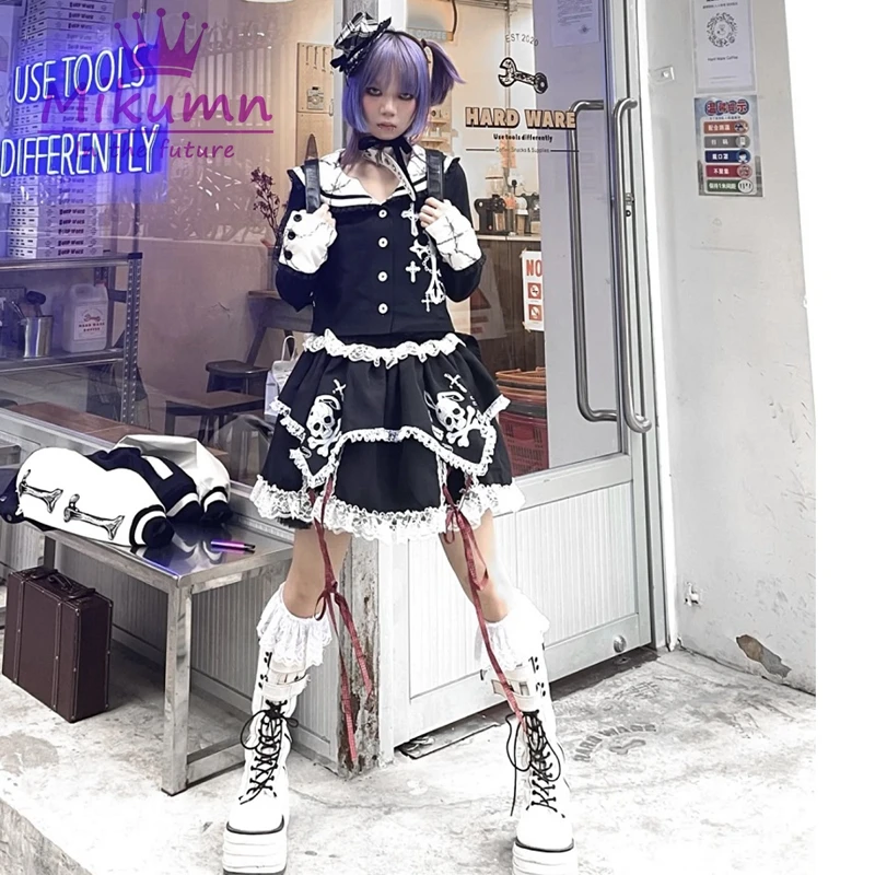 Gonne da donna giapponesi Harajuku gonna in pizzo nero con stampa teschio gotico Y2k Punk Lolita minigonna a vita alta con torta Chic Streetwear