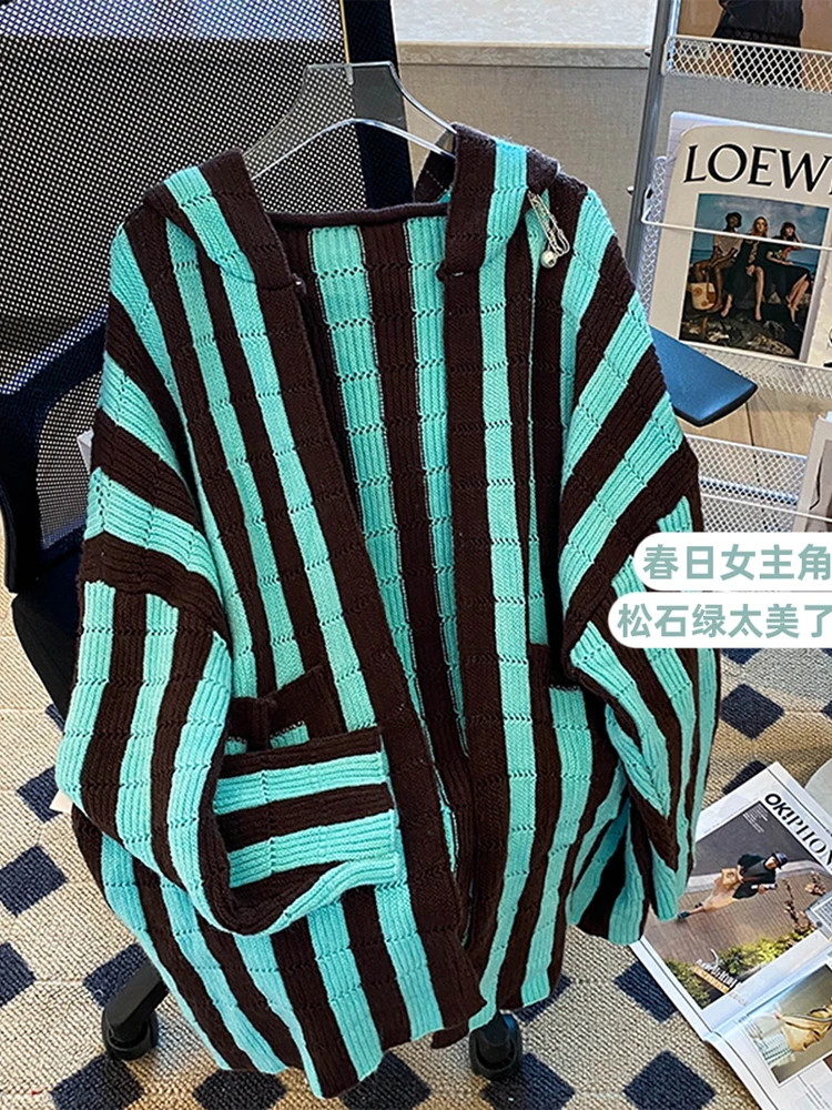 Women's Blue Striped Cardigan Hoodies Sweater Harajuku Y2k Long Sleeves Knitted Cashmere Sweaters Vintage 2000s Clothes Autumn