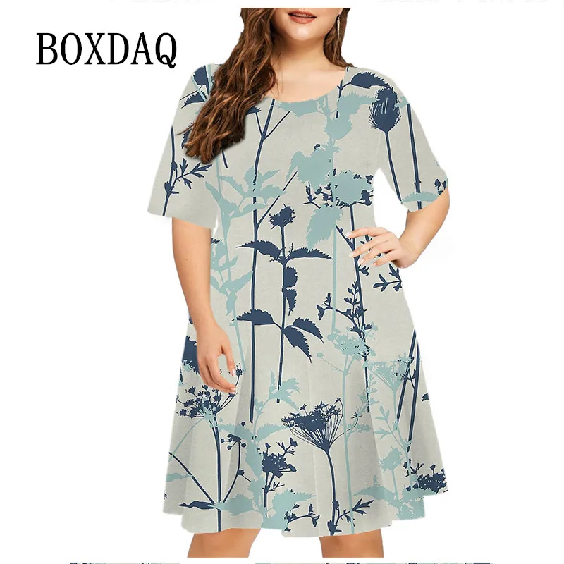 6XL Plus Size Casual Dresses Summer Vintage Floral Print Loose Dress Women Painting Short Sleeve O-Neck Mini Dress Lady Sundress