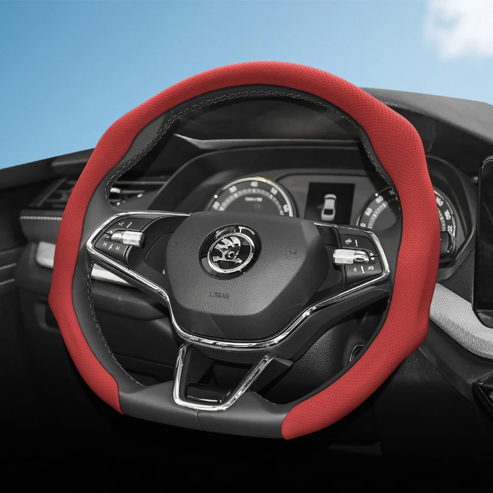 Suitable for Skoda Perforated Leather Steering Wheel Cover, Non-Slip, Sweat-Absorbent, Breathable Integrated Protective Case Octavia Rapid Kodiaq Karoq Fabia Superb Kamiq Citigo Scala Combi Kylaq Kushaq Slavia