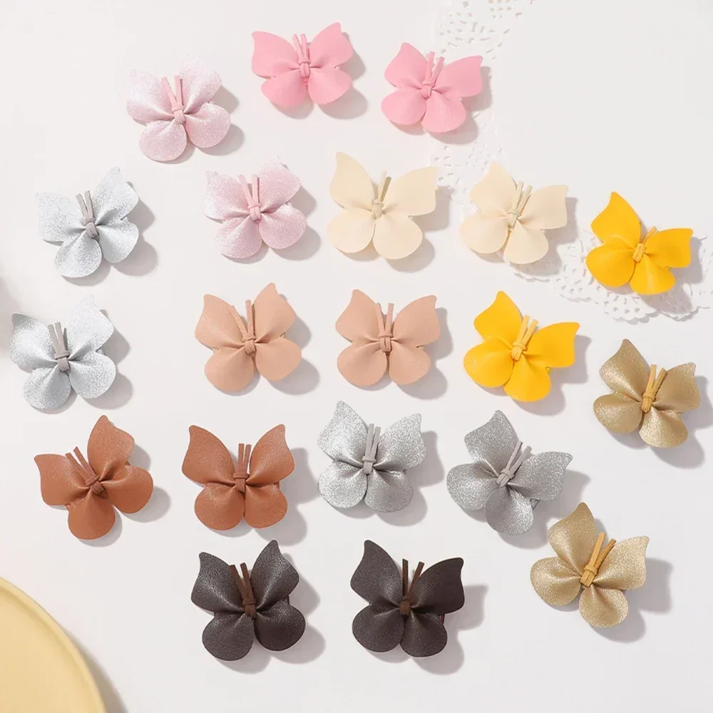 2Pcs Butterfly Clips Hairpin Cute Hairgripes for Girls Baby Leather  Hair Accessories Solid Princess PU Hair Bow Safe Hair Clips