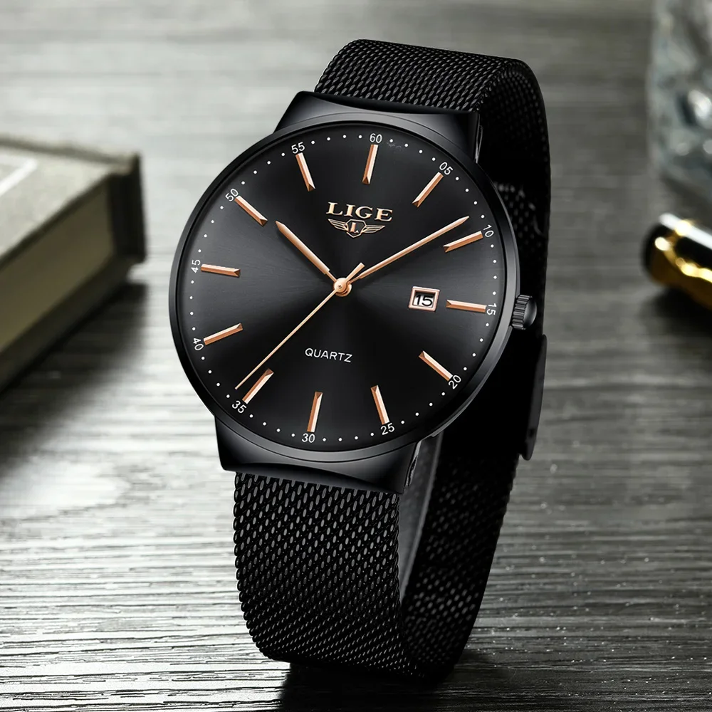 LIGE Fashion Luxury Man Watch Ultra Thin Waterproof Mesh Belt Watch for Men Auto Date Quartz WristWatch Business Calendar Clocks