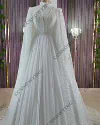 Chiffon Beaded Long Sleeve Muslim Wedding Dress for Bride Hijab Islamic Bridal Gowns High Neck Women Arabic Dubai Robe De Mariée