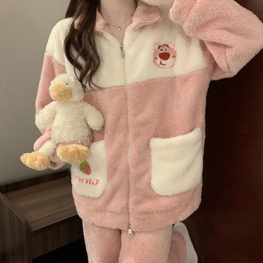 Sanrioed Cute Pochacco Winter Plush Pajamas Suit Anime Kawaii Cartoon Zipper Homewear Women Flannel Warm Plus Size Nightwear