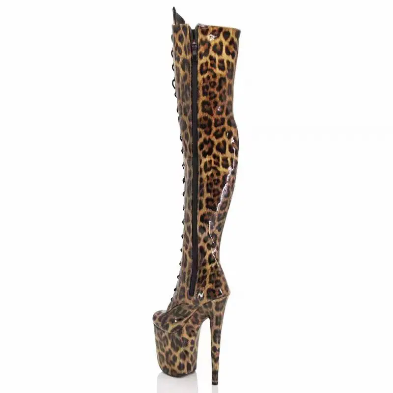 IDEAL MA 20cm catwalk leopard print patent leather over-the-knee nightclub pole dancing boots