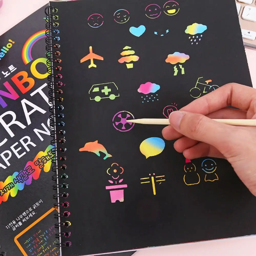 Creativo con bolígrafo de madera, libro para rascar arcoíris, papel de dibujo colorido sin olor, nota de papel naotérica segura y brillante para niños