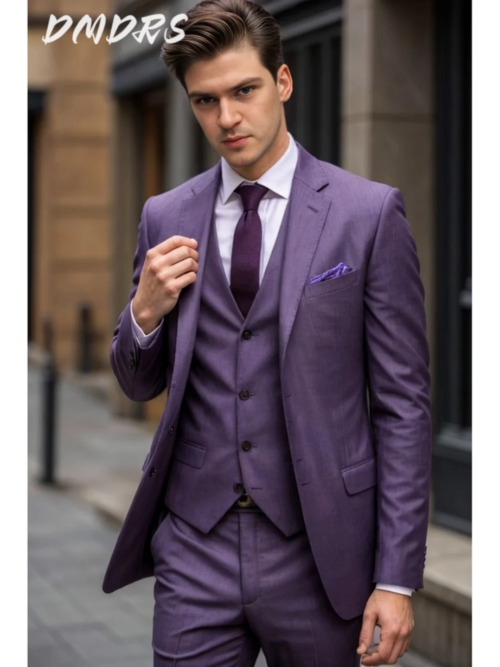Handsome Purple For Men Elegant Single Breasted Suits Popular Groomsmen Suit Set Classic Jacket Vest Pants Wedding Suits Men