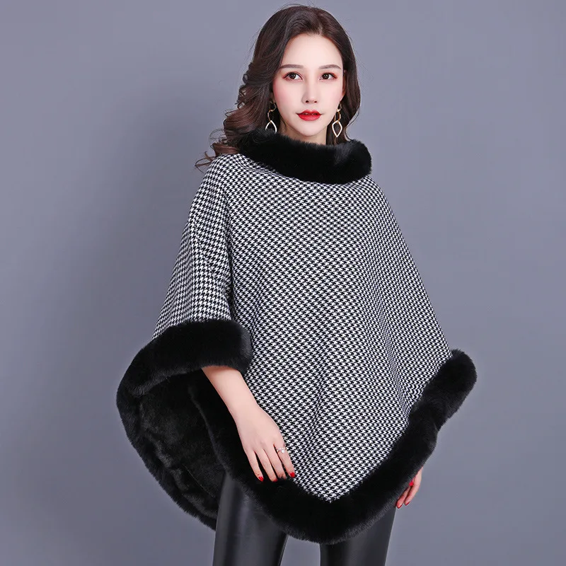 

Fur Collar Cloak Houndstooth Capes 2022 New Shawl Flocking Poncho Fast Delivery Women's Winter Coats Large Size Wraps Warm