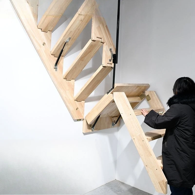 Solid wood staircase duplex two-story platform invisible ladder telescopic corner folding ladder