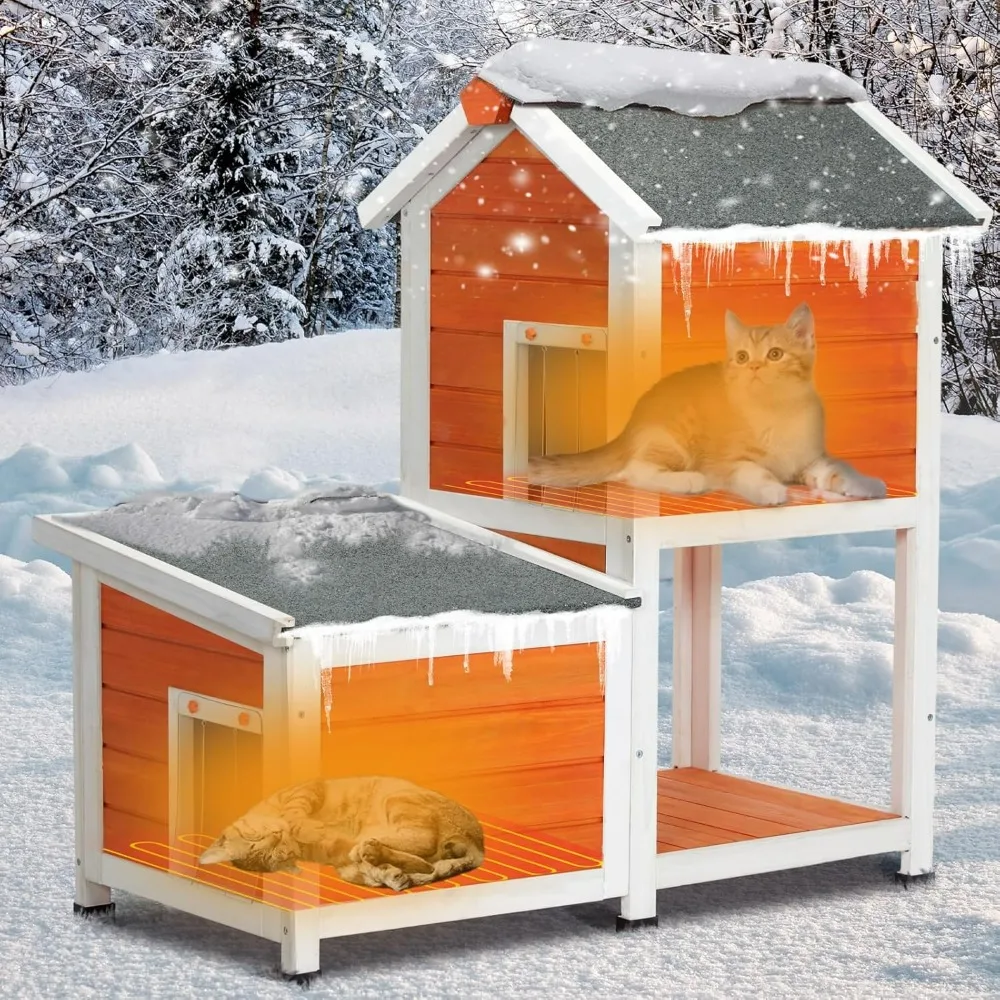 

2 Story Cat House Outdoor, Insulated High Feet+Feeding Station +Door Curtain, Wood Outside Cat House, Bunny Rabbit Hutch Orange