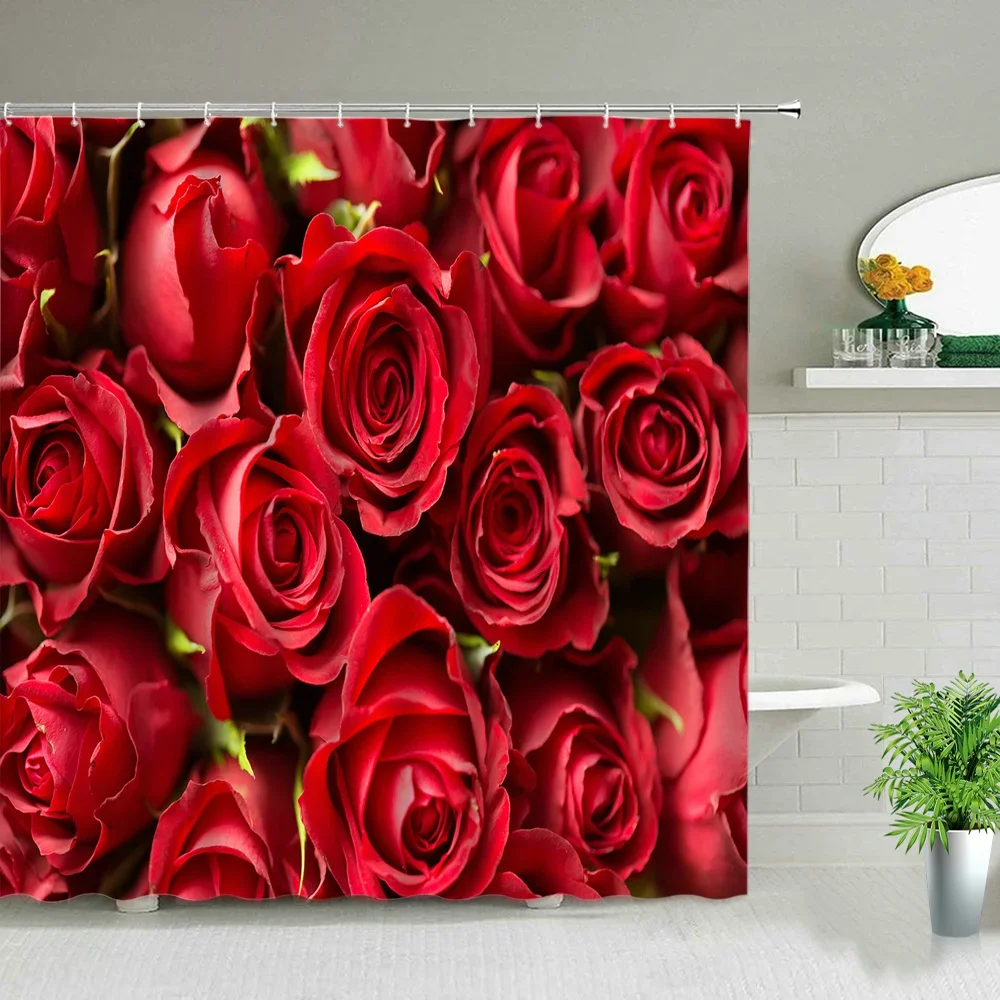 Red Rose Flower Shower Curtains Set Romantic Valentine\'s day Home Decor Hanging Curtain Beautiful Floral Plant Bathroom Curtain