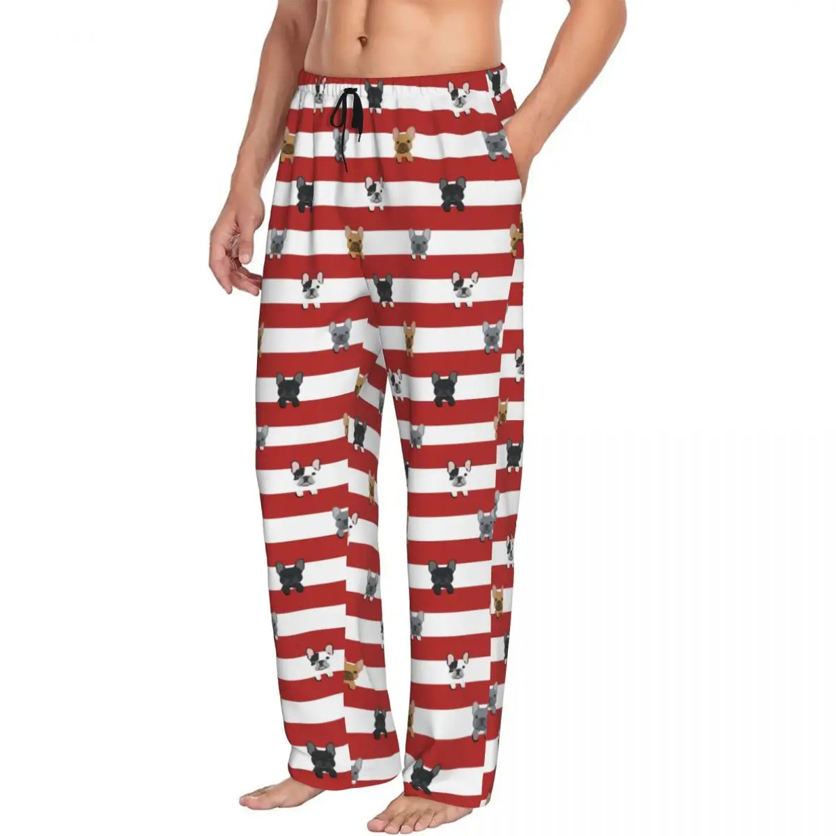 Custom Print French Bulldog Red Stripes Pajama Pants for Men Puppy Animal Pet Sleep Sleepwear Bottoms with Pockets