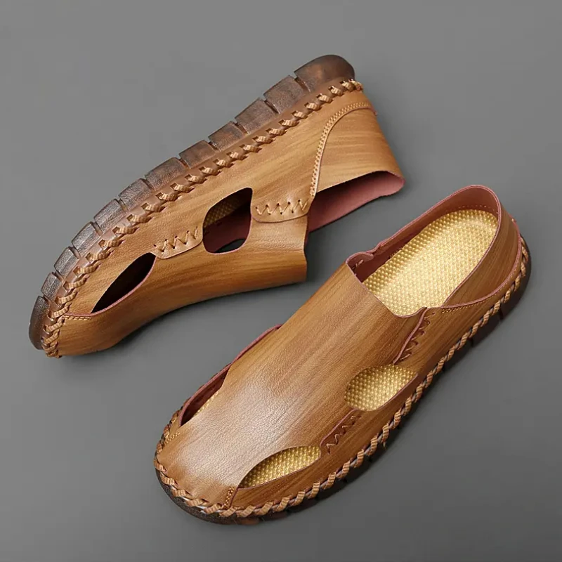 Trendy Sewing Sandals Men Retro Comfortable Light weight Slippers Casual Hollow Out Solid Color Shoes Sandale Hommes Ete