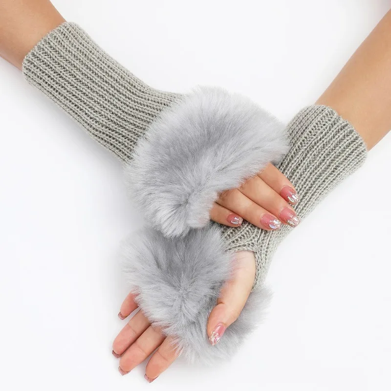 1 Pair Women Winter Warmer Gloves Knitted Warm Dew Finger Arm Cover Fingerless Rabbit Fur Gloves Arm Wrist Gants Stylish Gloves