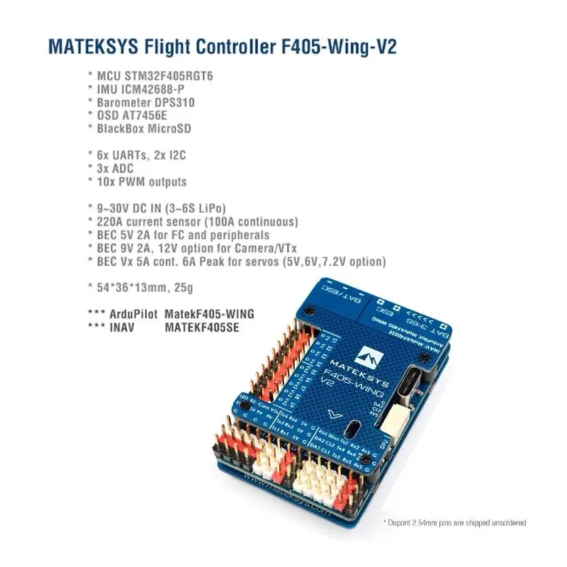 Matek F405‑WING‑V2 Flight Controller 3‑6S LiPo Built‑in Barometer OSD Blackbox PDB BEC For INAV ArduPilot FPV Fixed‑Wing Plane