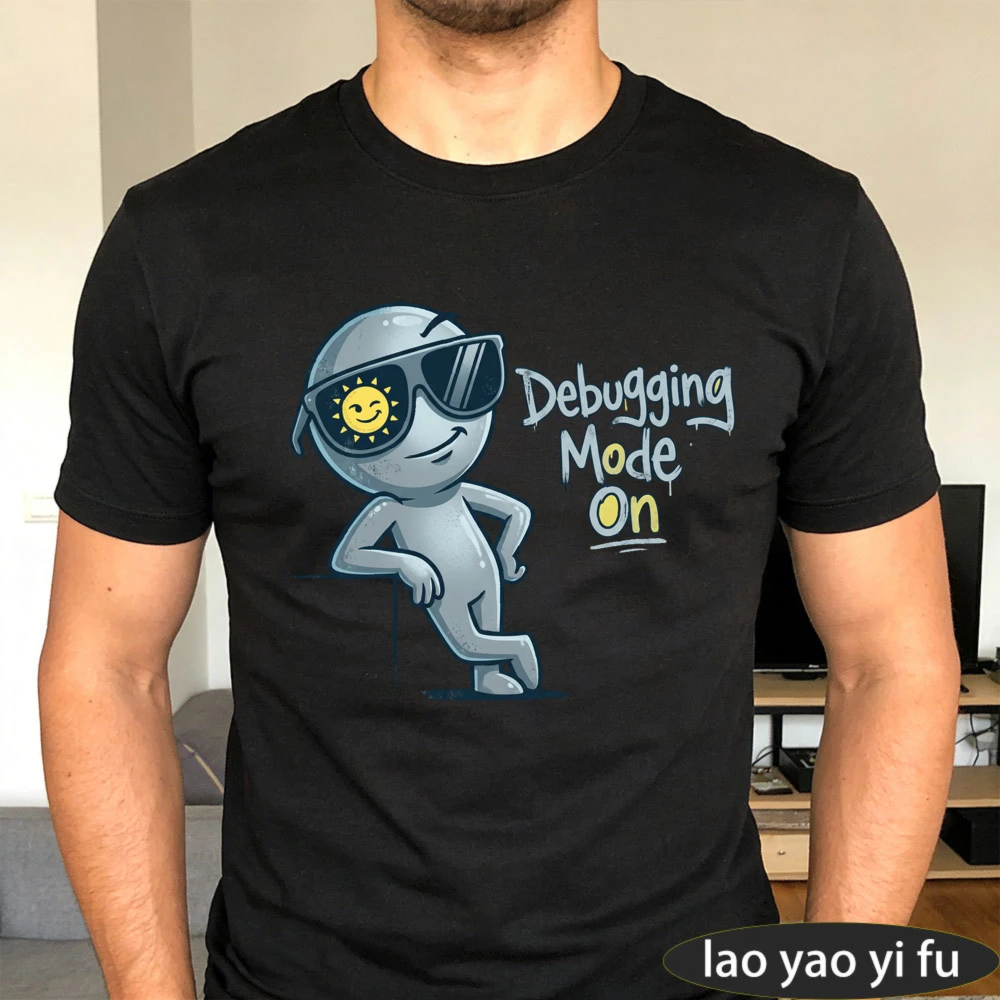 Debugging Mode on T‑Shirt Men Cool Cartoon Figure Sunglasses Coding Programmer Casual Short Sleeve Developer Streetwear Tee