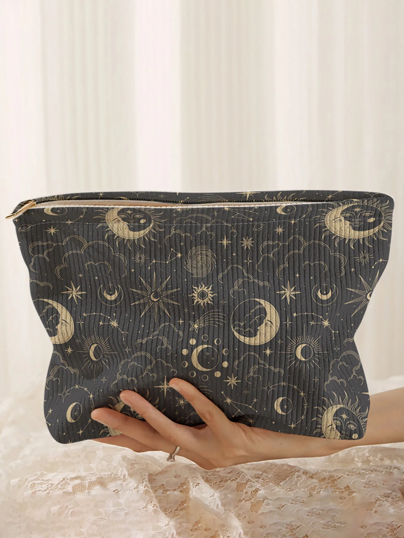 Moon & star patterned corduroy makeup bag, lightweight zipper pouch, multifunctional lined bag for cosmetics