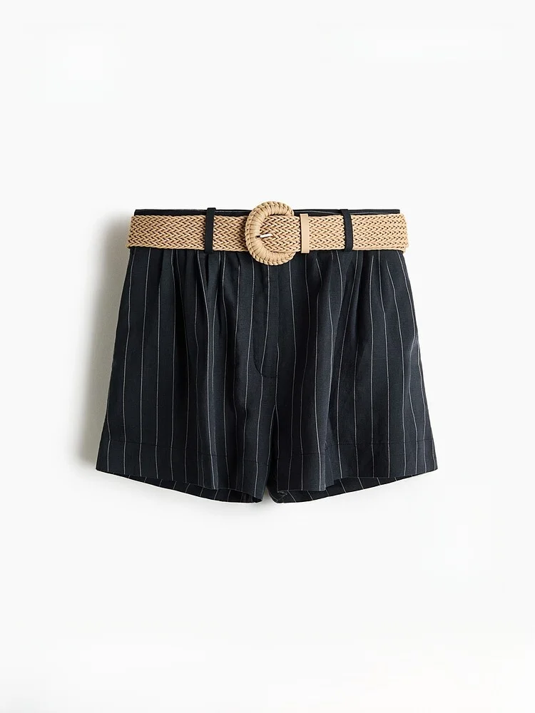 

H&M Women's Linen Mix Straight Leg Pants Belted Summer New Arrival Casual High Waist Short Shorts Comfortable Loose Fit