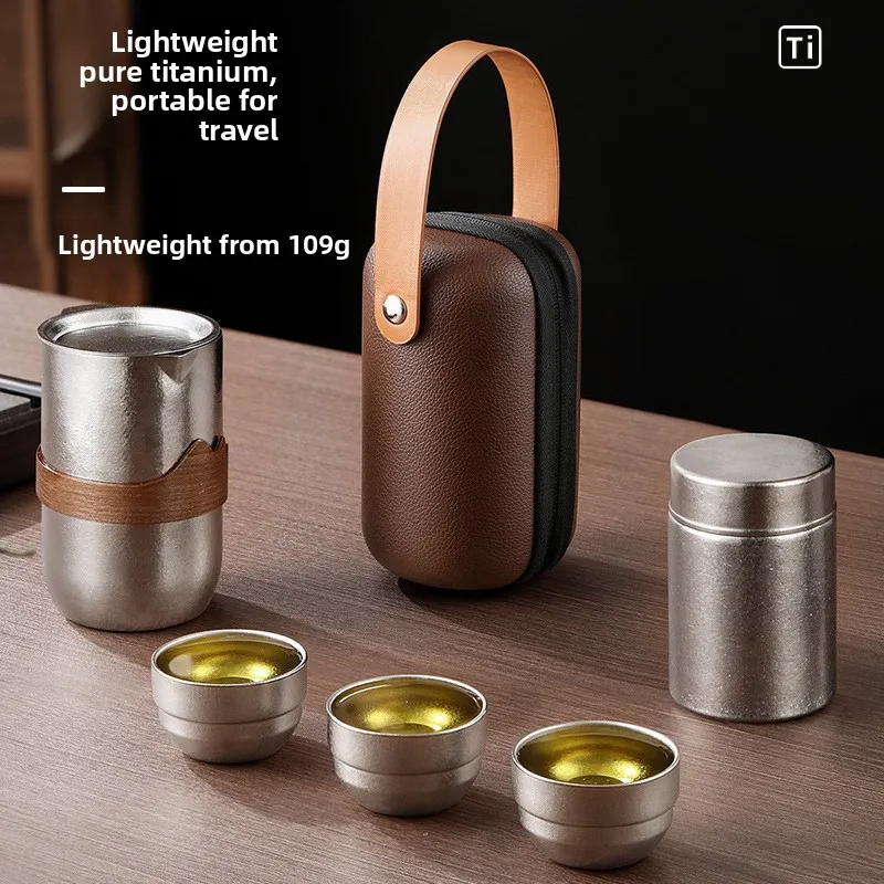Outdoor Camping Pure Titanium Tea Set Teapot Ice Crystal Titanium Tea Set Convenient Travel Kung Fu Tea Set Quick Guest Cup Gift