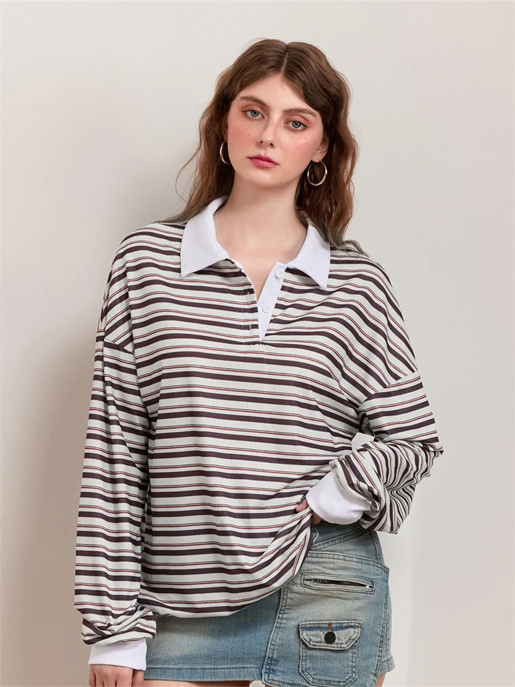 

Women Striped Sweatshirts Long Sleeve Lapel V Neck Loose Pullovers Autumn Casual Tops Hoodie 00s Retro Streetwear