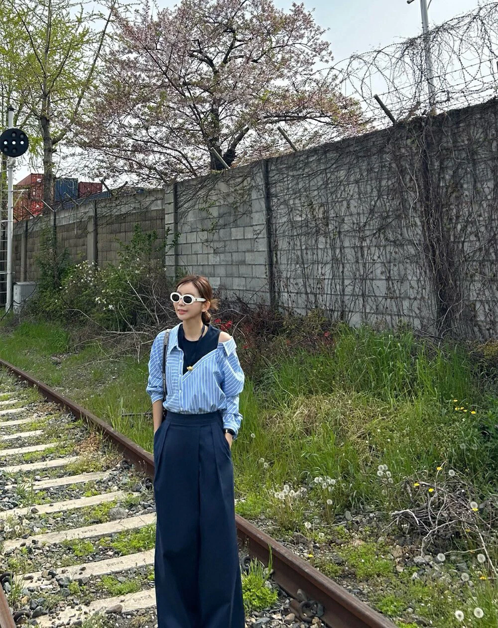 

Женская хлопковая блузка Dongda Gate с открытыми плечами, в полоску, с эффектом двухслойности, элегантная, для офиса, с длинным рукавом