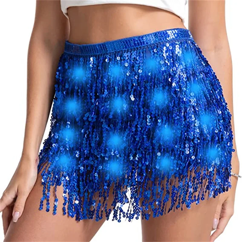 Halloween belly dance waist chain four layer glow women's sequins tassel hip skirt scarf nightclub performance LED waist scarf