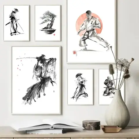 Gato negro Shotokan Samurai Geisha Karate, arte de pared, carteles nórdicos e impresiones, pintura en lienzo para pared, imágenes para decoración para sala de estar