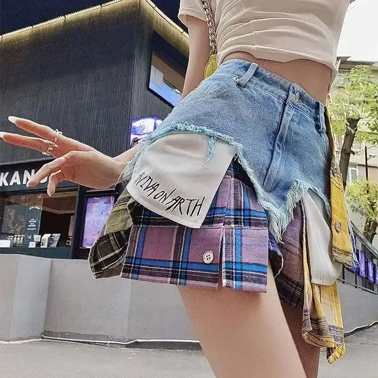 Denim Skirt Colored Plaid Patchwork Irregular Deconstructed Women'S A-Line High Waist Mini Skirt 2024 Summer New Fashion