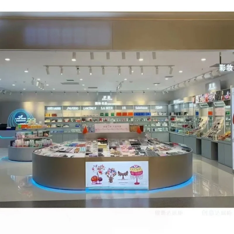 custom.Factory Direct Sale Wood Painted Cosmetic Shelves Mall Atrium Makeup Display Racks Beauty Store Border