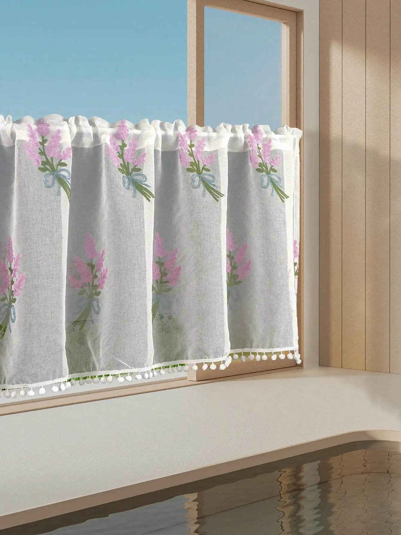 Pink Tulip Embroidered 1PC Hairball Short Curtain, Living Room Bedroom Cabinet Barrier Tulle Small Short Curtains