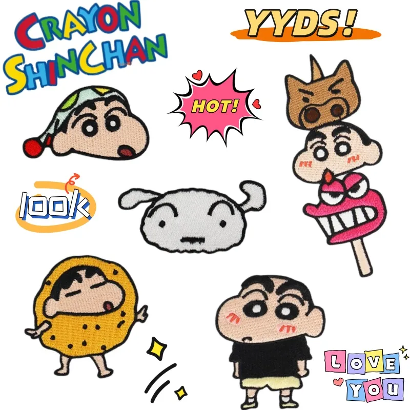 Nuevos pegatinas de tela retro de dibujos animados de Crayon Shin-chan, Nohara Shinnosuke y Shiro, pegatinas creativas de dibujos animados.