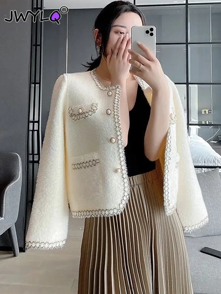 Elegant O-neck Pearl Buttons Mink Fleece Cardigan Tops Korean Fashion Hit Color Thick Short Coats 2023 All-match Women Clothing