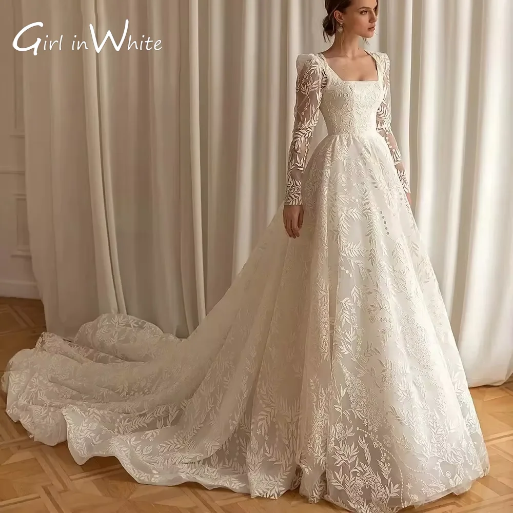 

Elegant Lace A-line Square Neck Wedding Dresses Long Sleeves Backless Bridal Gowns 2024 Vestido De Noiva Sweep Train Costom Made