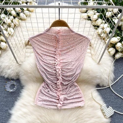 vintage slim fit sweet rhinestone pleated Chic Crop Tops Corset korean fashion Camis Women Fashion Sling  tank Top