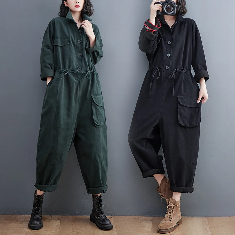 Women's Vintage Artistic Loose Casual One-Piece Pants Autumn New Style Comfortable Wide Leg Trousers Long Pants Low Waist